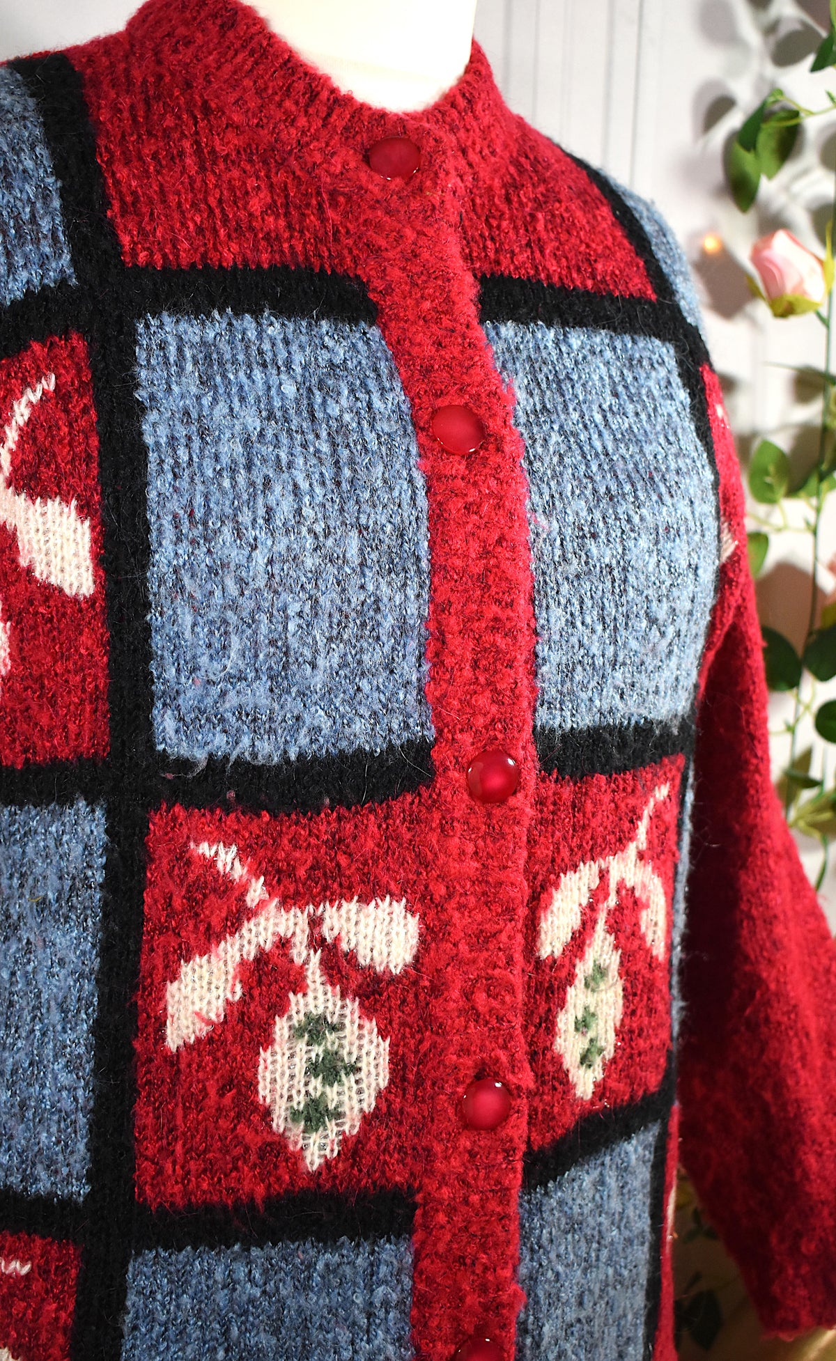 Gilet vintage à motifs floraux, laine mélangée