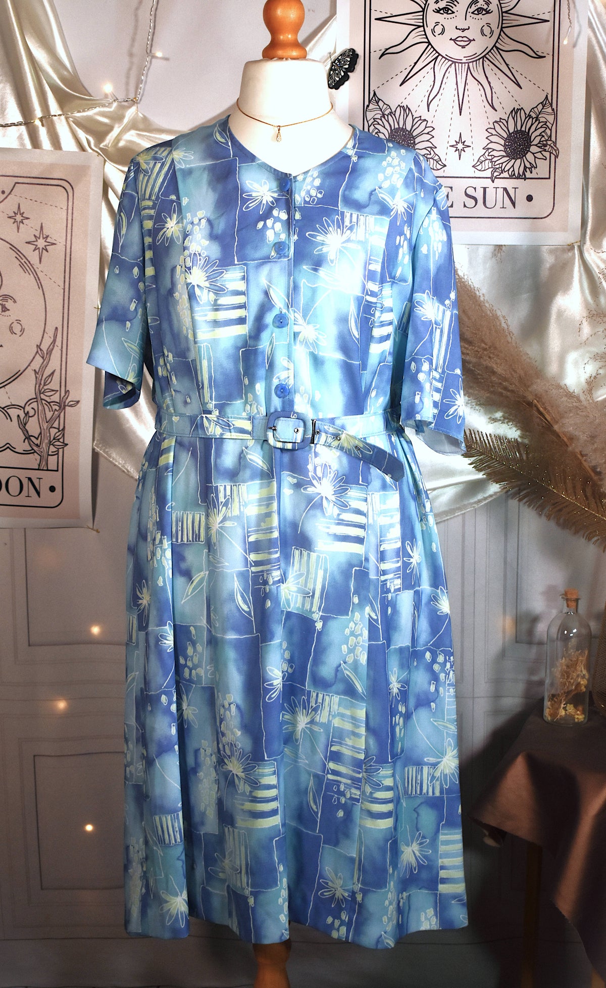 Robe fleurie géométrique bleu vert pastel
