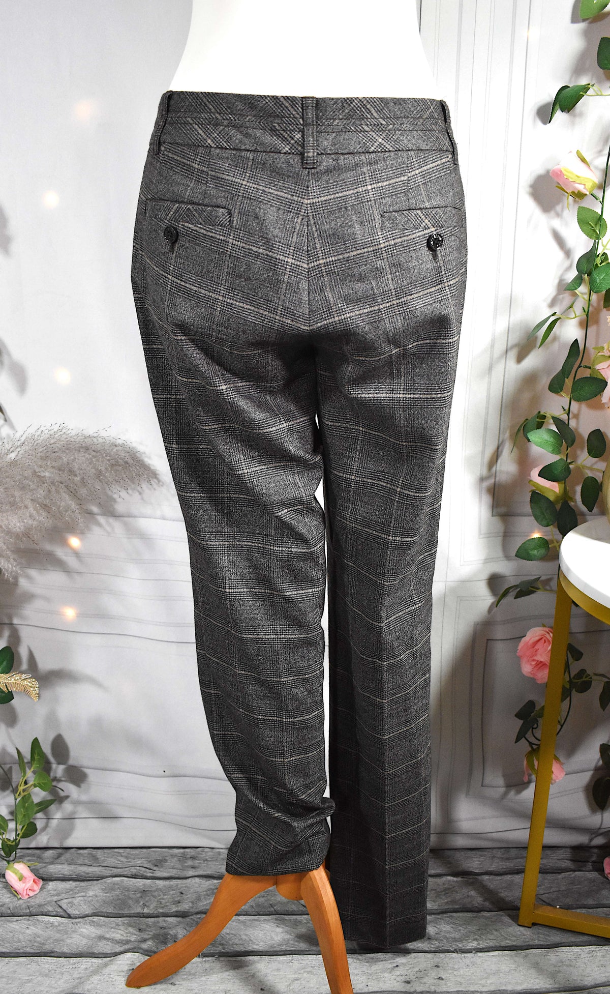 Pantalon à carreaux en laine mélangée gris