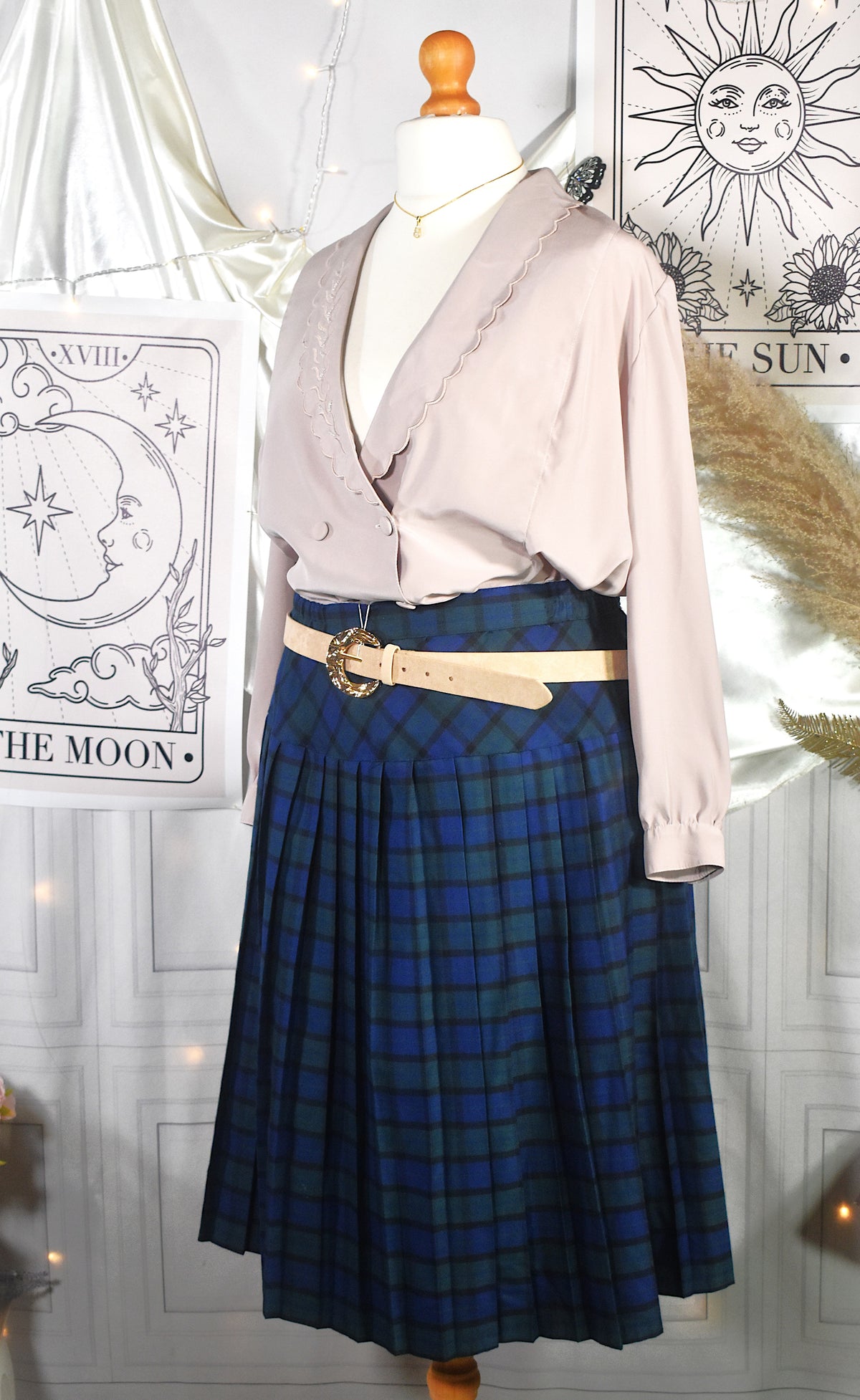 Jupe mi-longue plissée carreaux tartan bleu vert