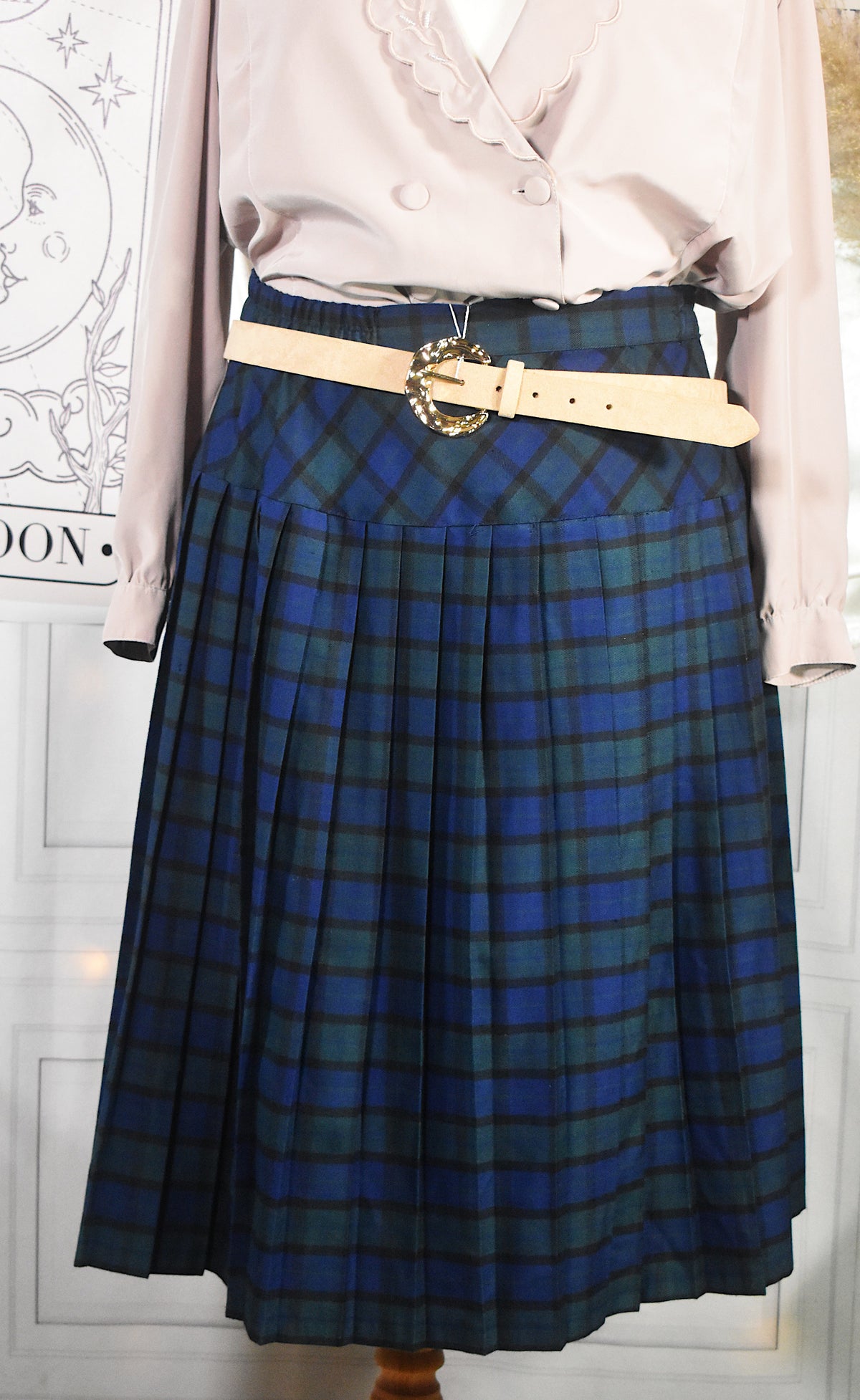 Jupe mi-longue plissée carreaux tartan bleu vert