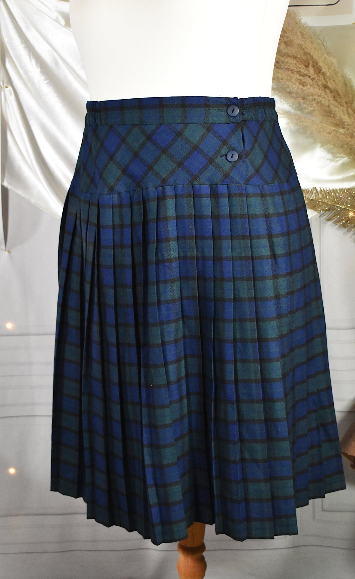 Jupe mi-longue plissée carreaux tartan bleu vert