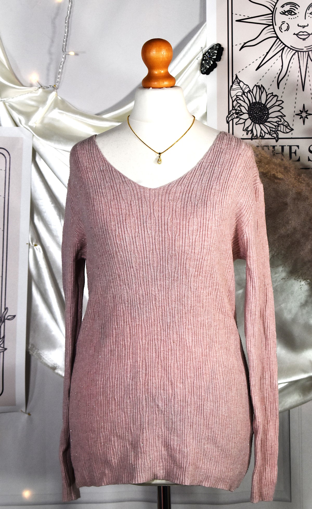 Pull rose poudré pailleté col V stretch