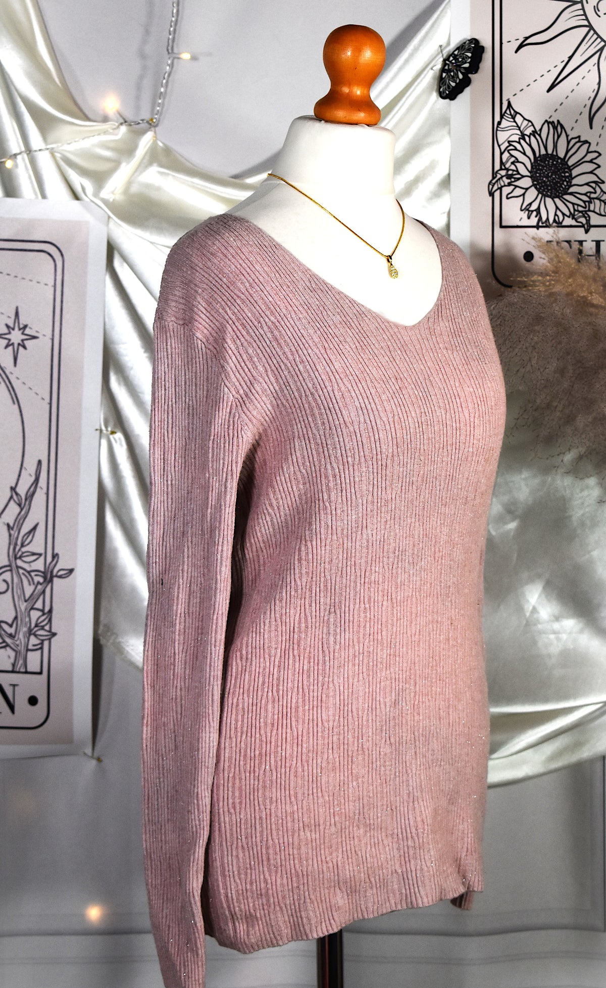 Pull rose poudré pailleté col V stretch