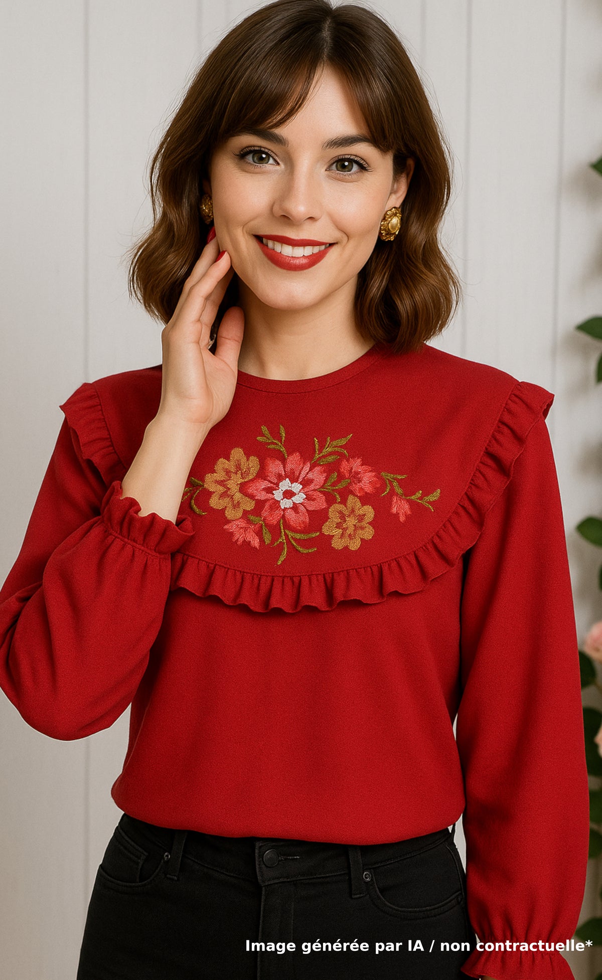 Blouse rouge avec broderie florale