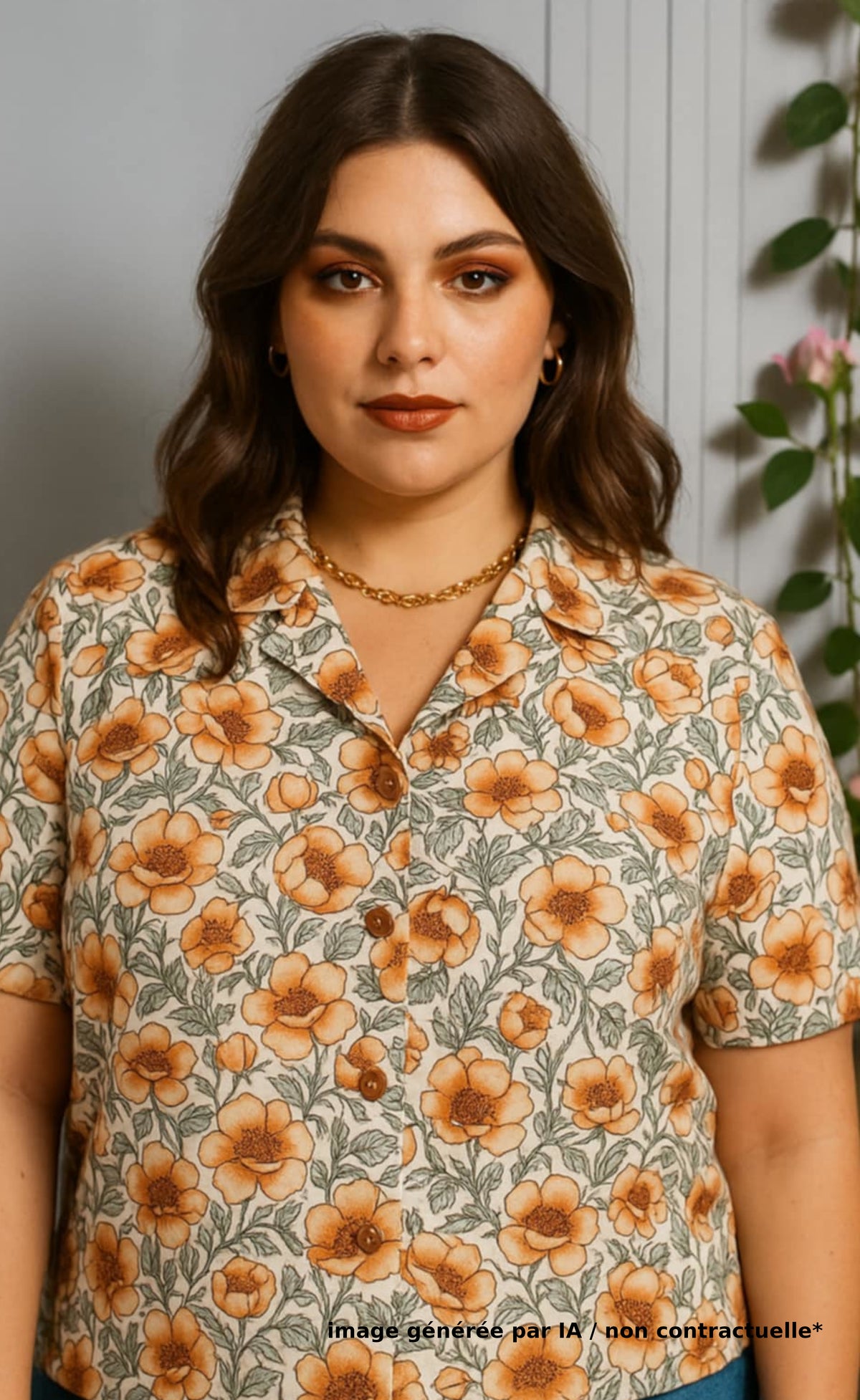 Chemise à fleurs beiges & vertes
