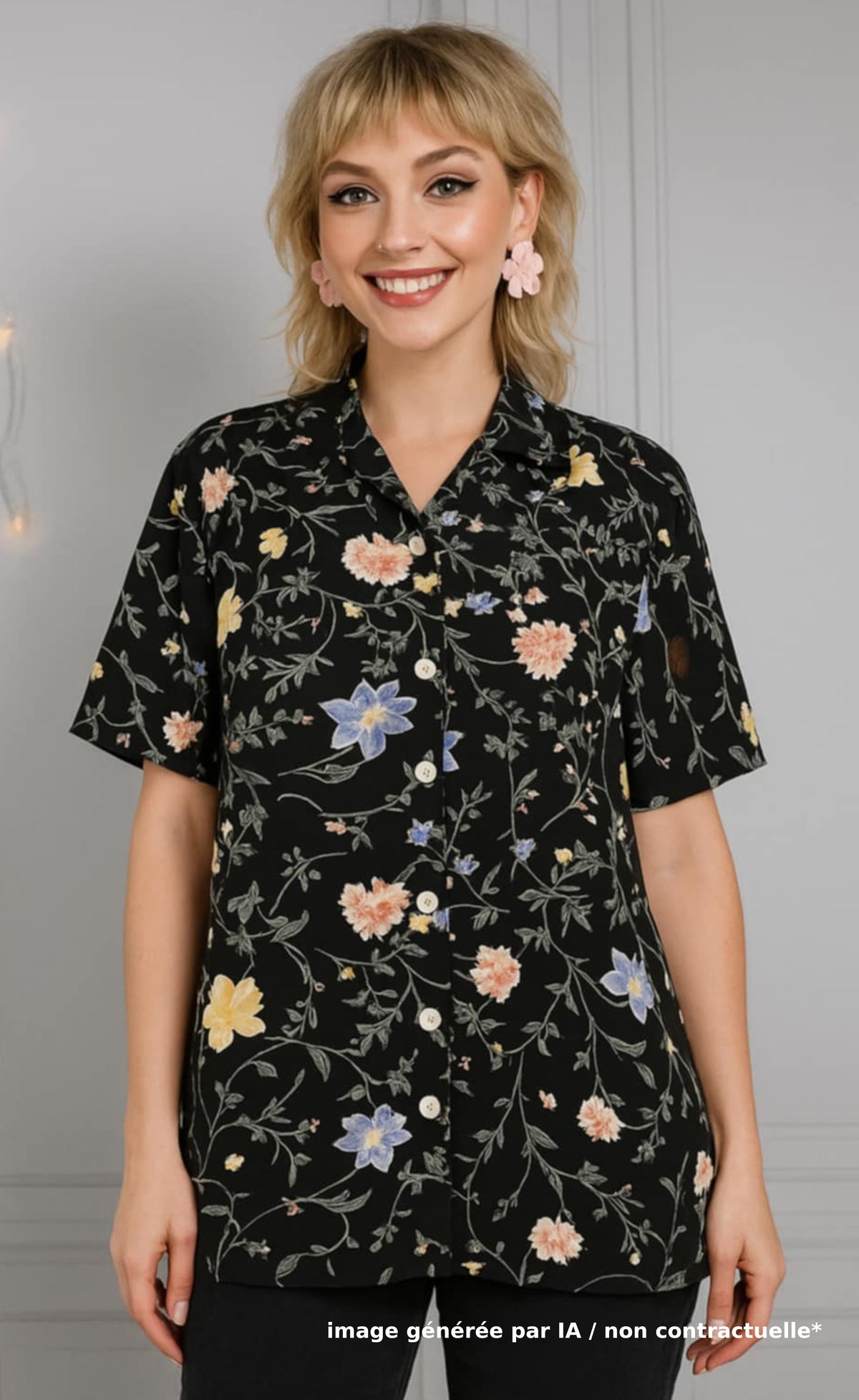 Chemise noire aux fleurs pastels