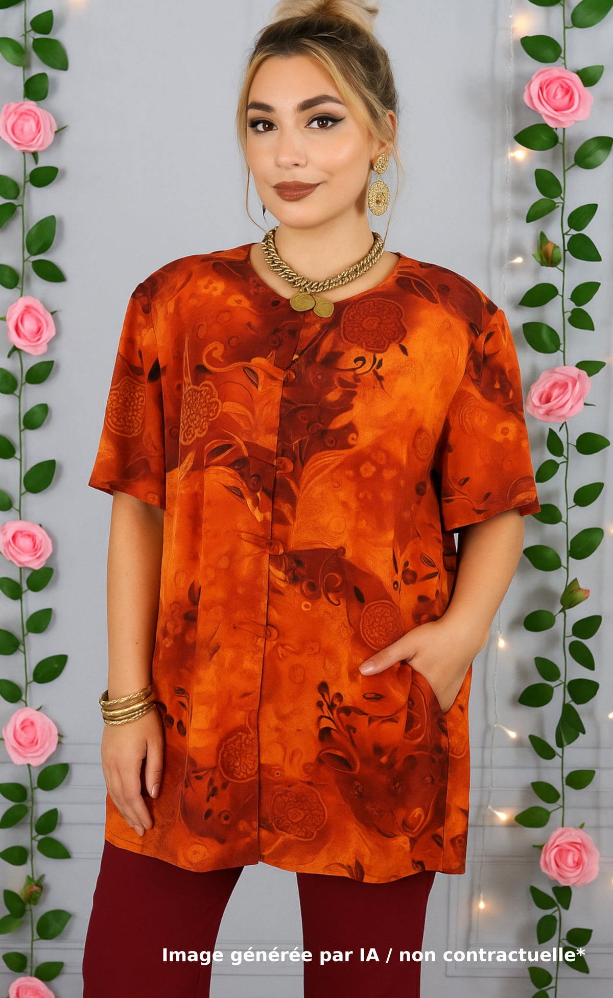 Chemise / tunique vintage Miss Wear, imprimé floral orange & bordeaux