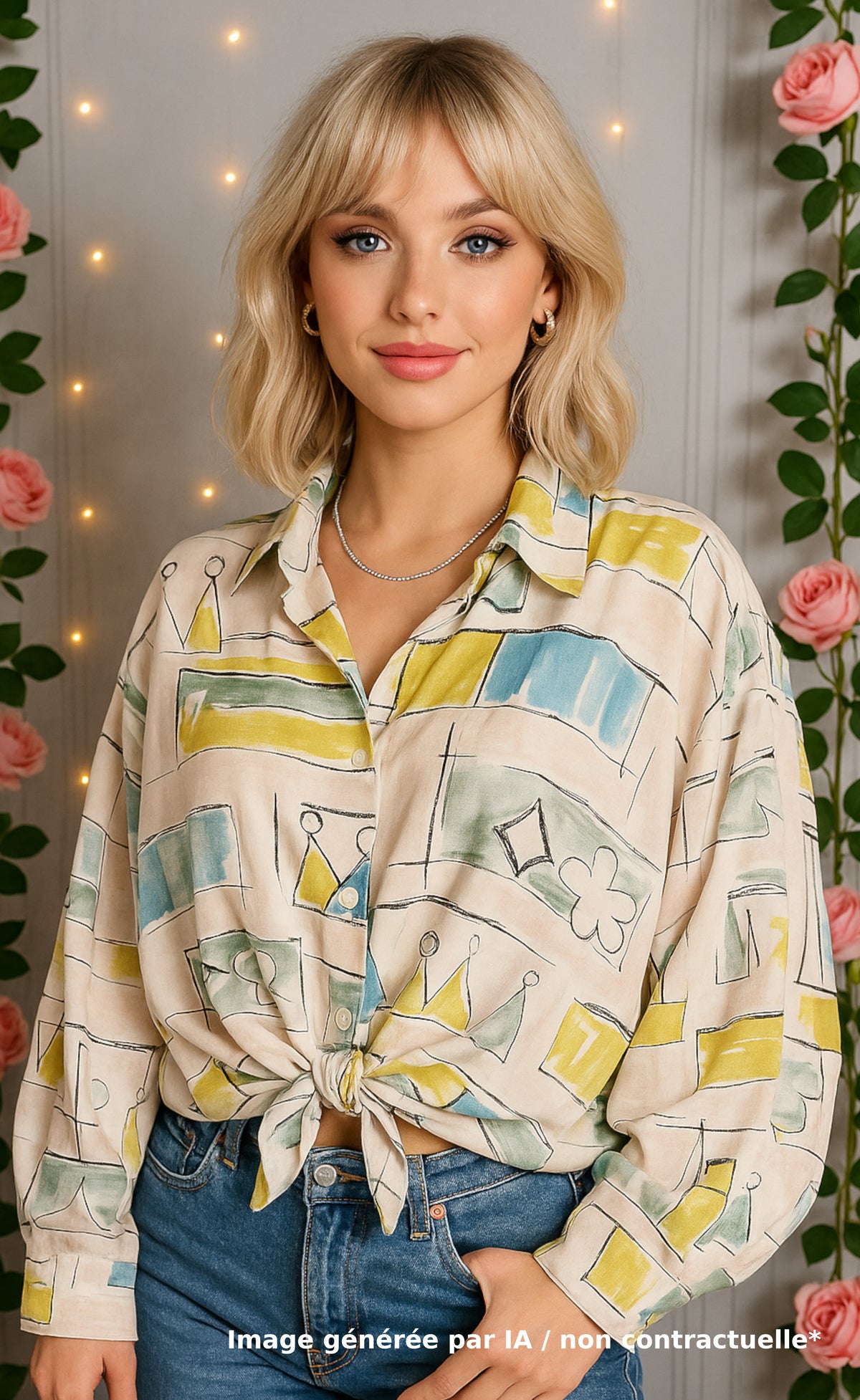 Chemise vintage Laurene M aux motifs graphiques pastel