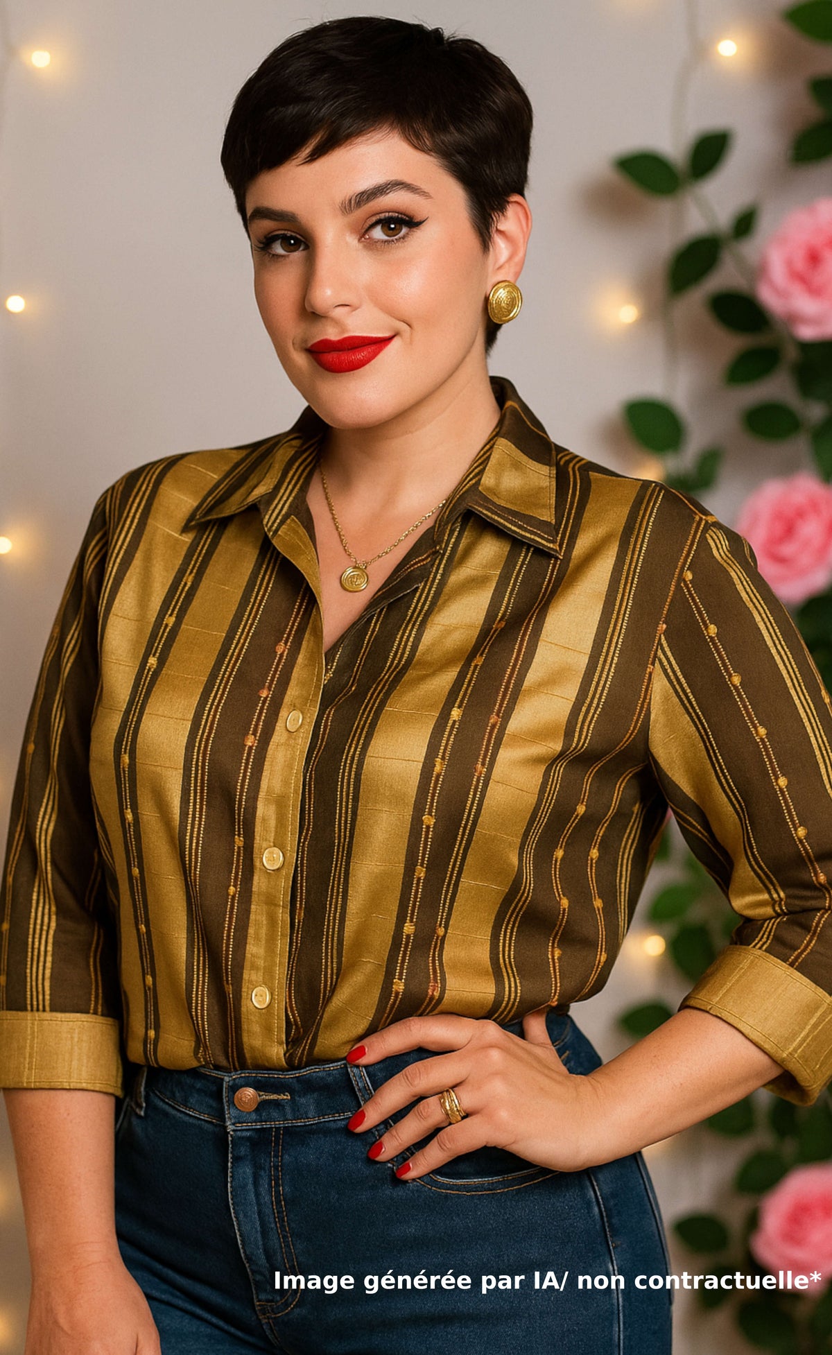 Chemise aux rayures verticales marrons & dorées
