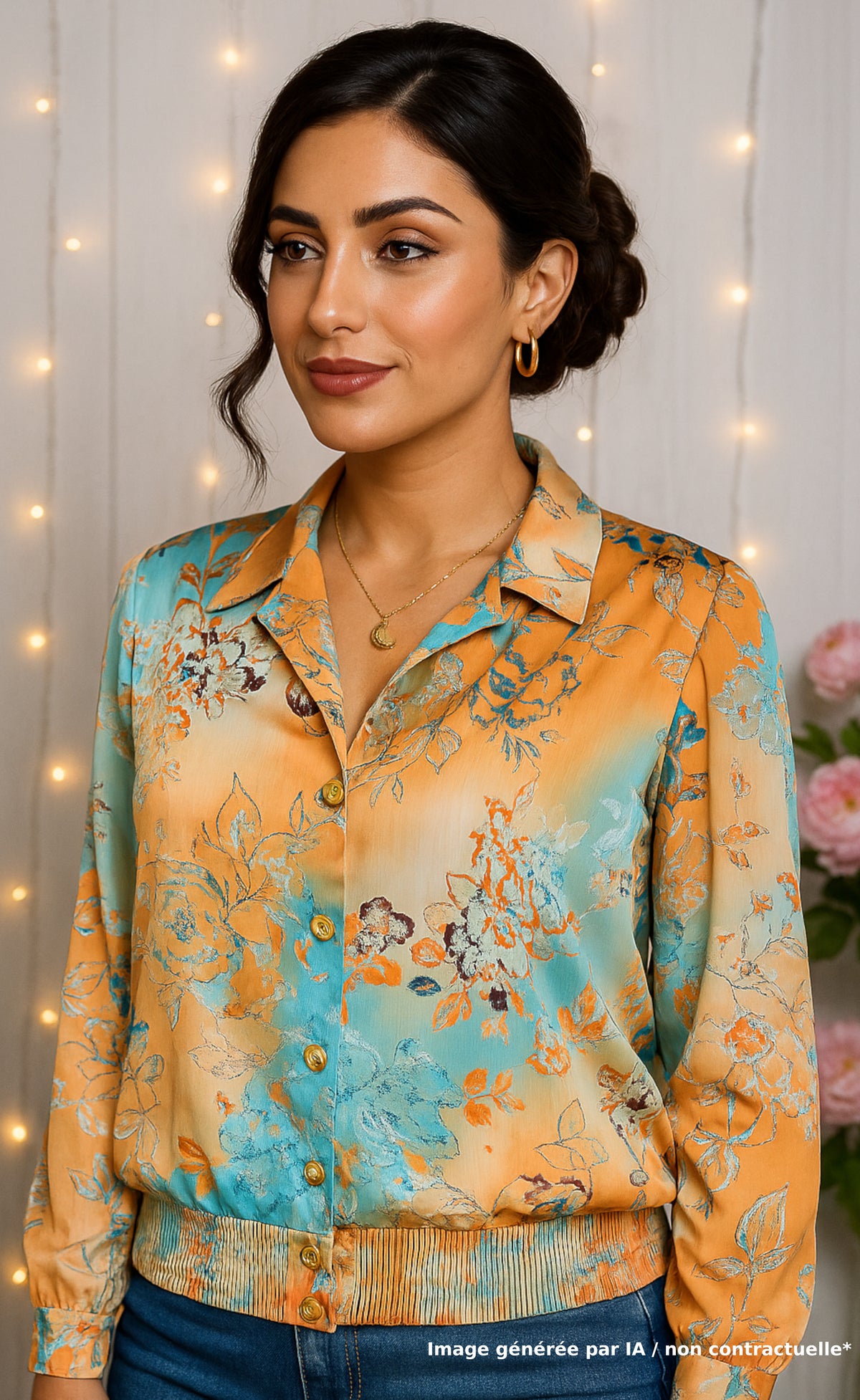 Chemise vintage Les 3 Poissons Paris à l'imprimé floral orange & turquoise - Made in France