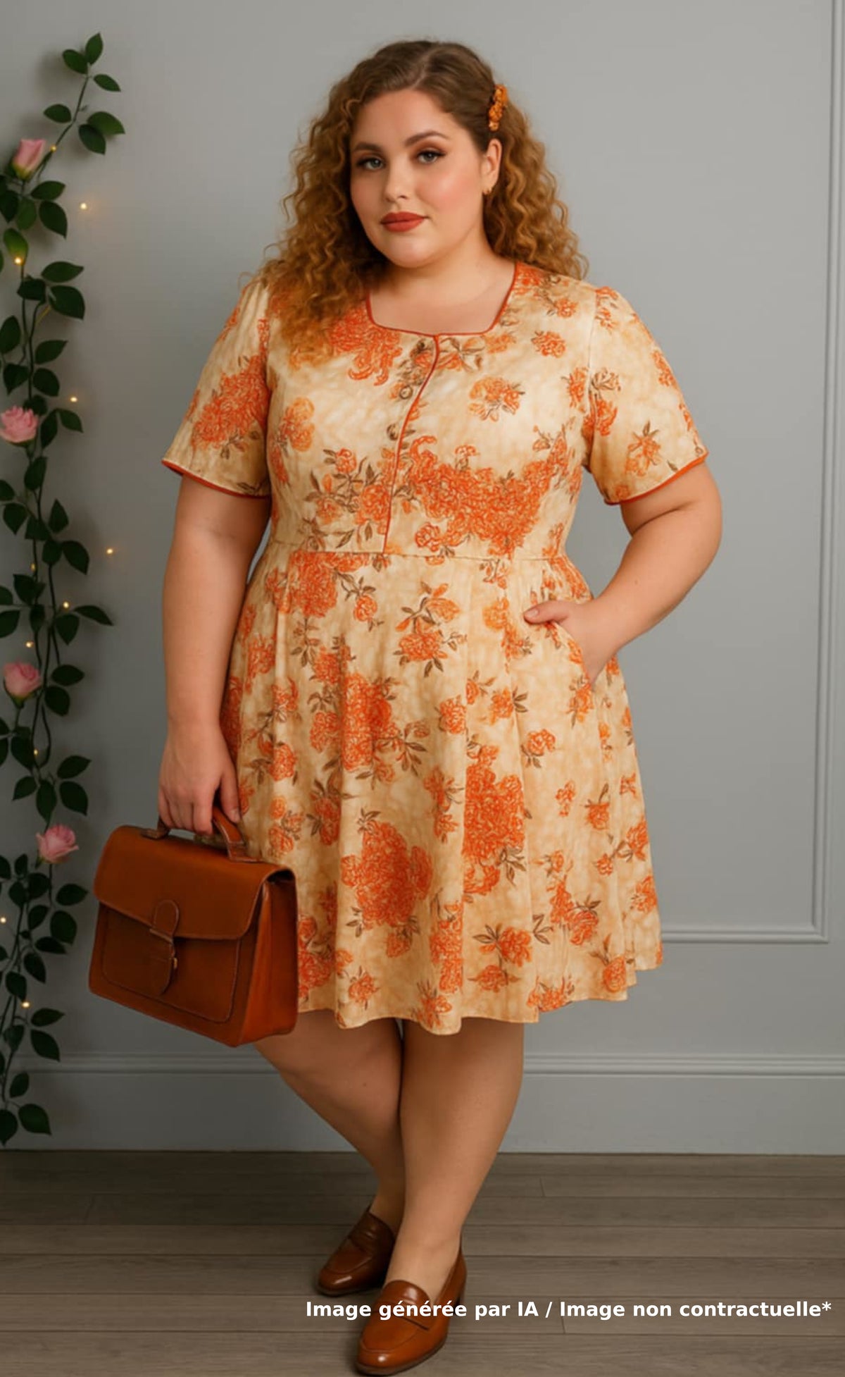 Robe vintage crème aux motifs floraux orange