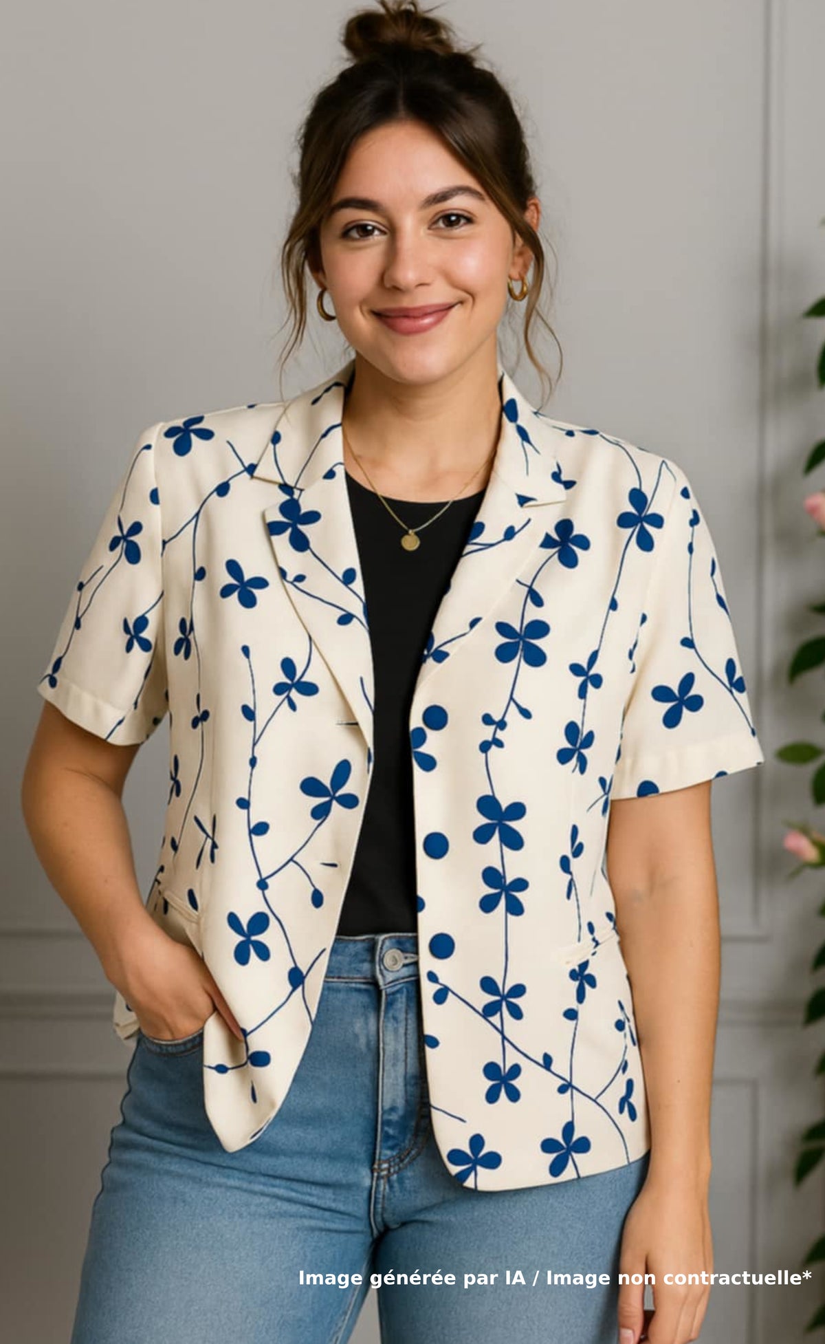 Chemise blanc cassé & fleurs bleues