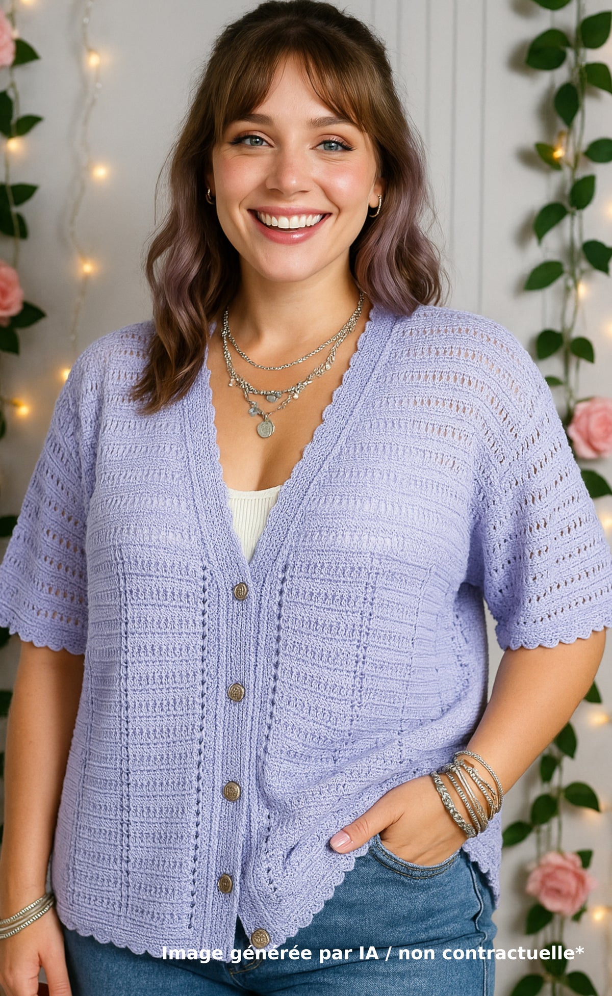 Gilet vintage crochet lila manches courtes