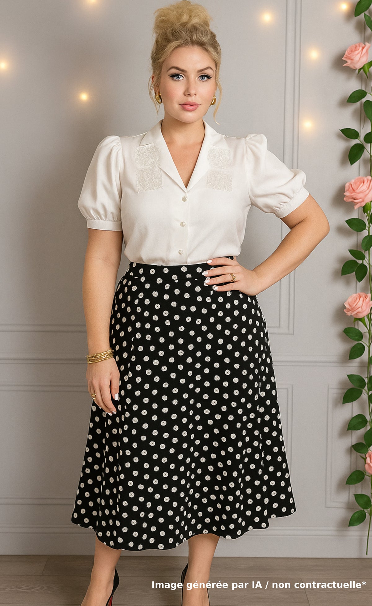 Jupe vintage noire à motif boutons blancs
