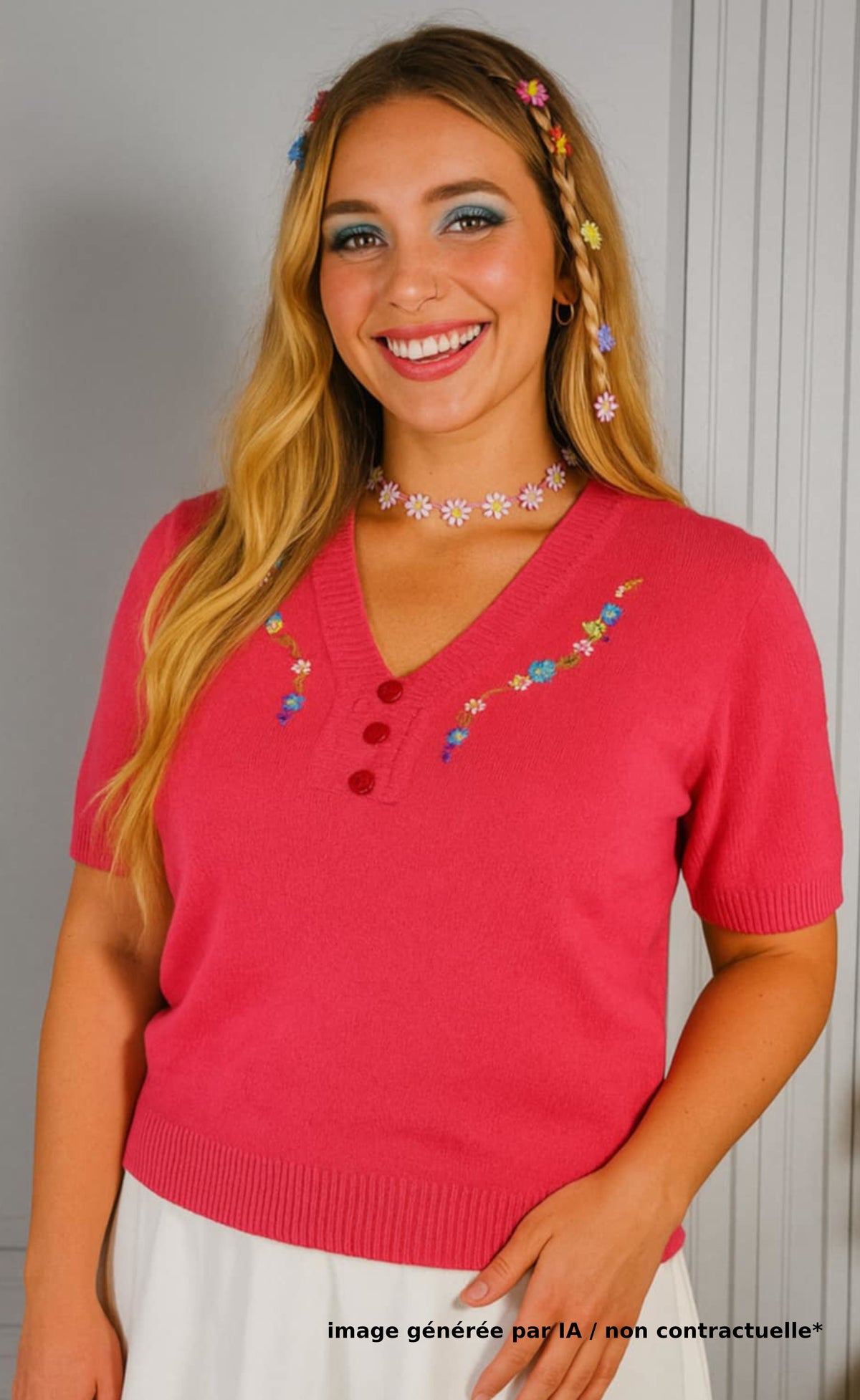 Pull manche courtes rose & broderie florale