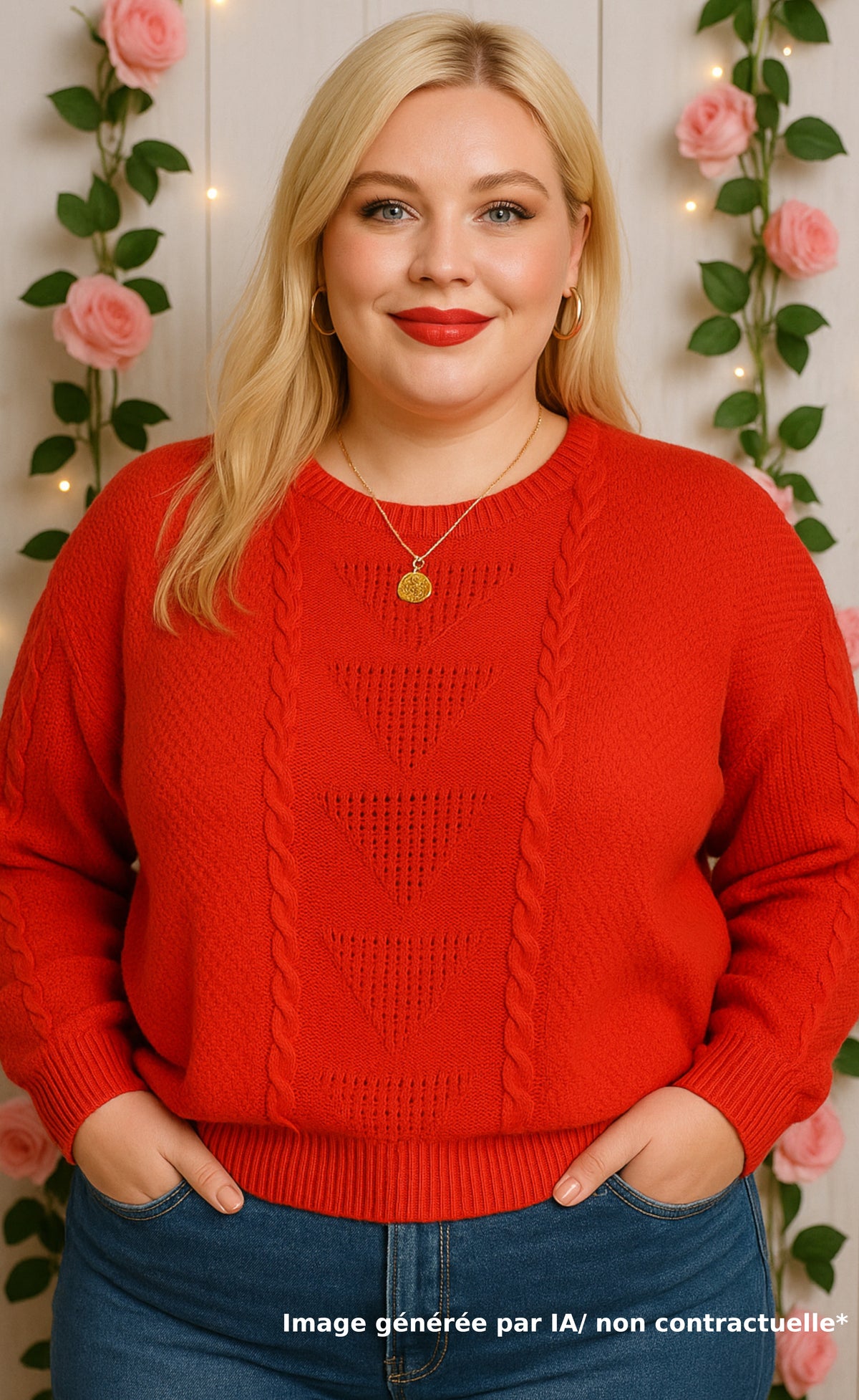 Pull vintage rouge en maille ajourée Chassagnard / Made in France