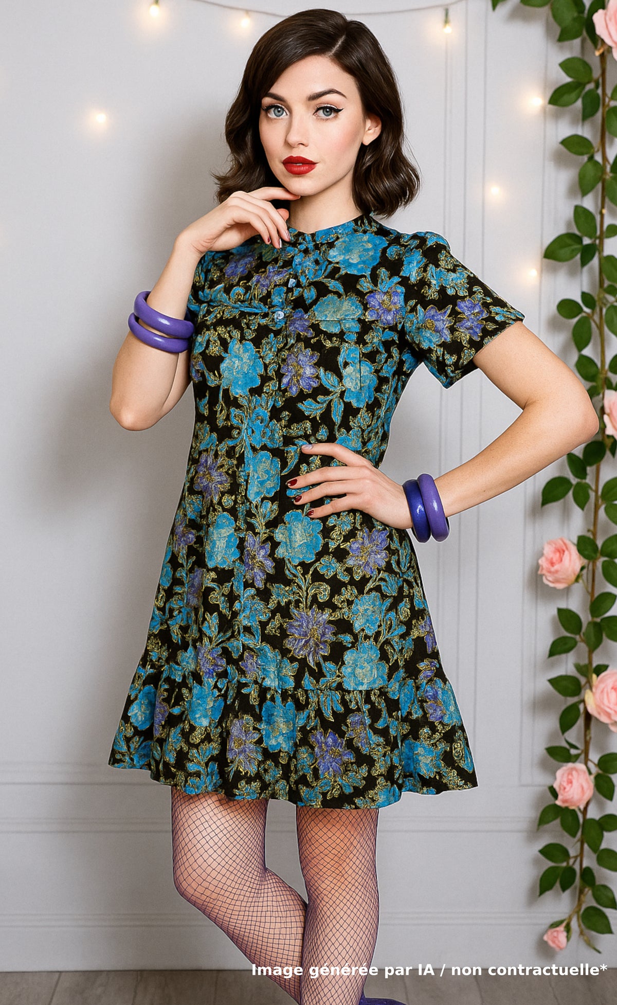 Robe vintage à fleurs bleues et violettes