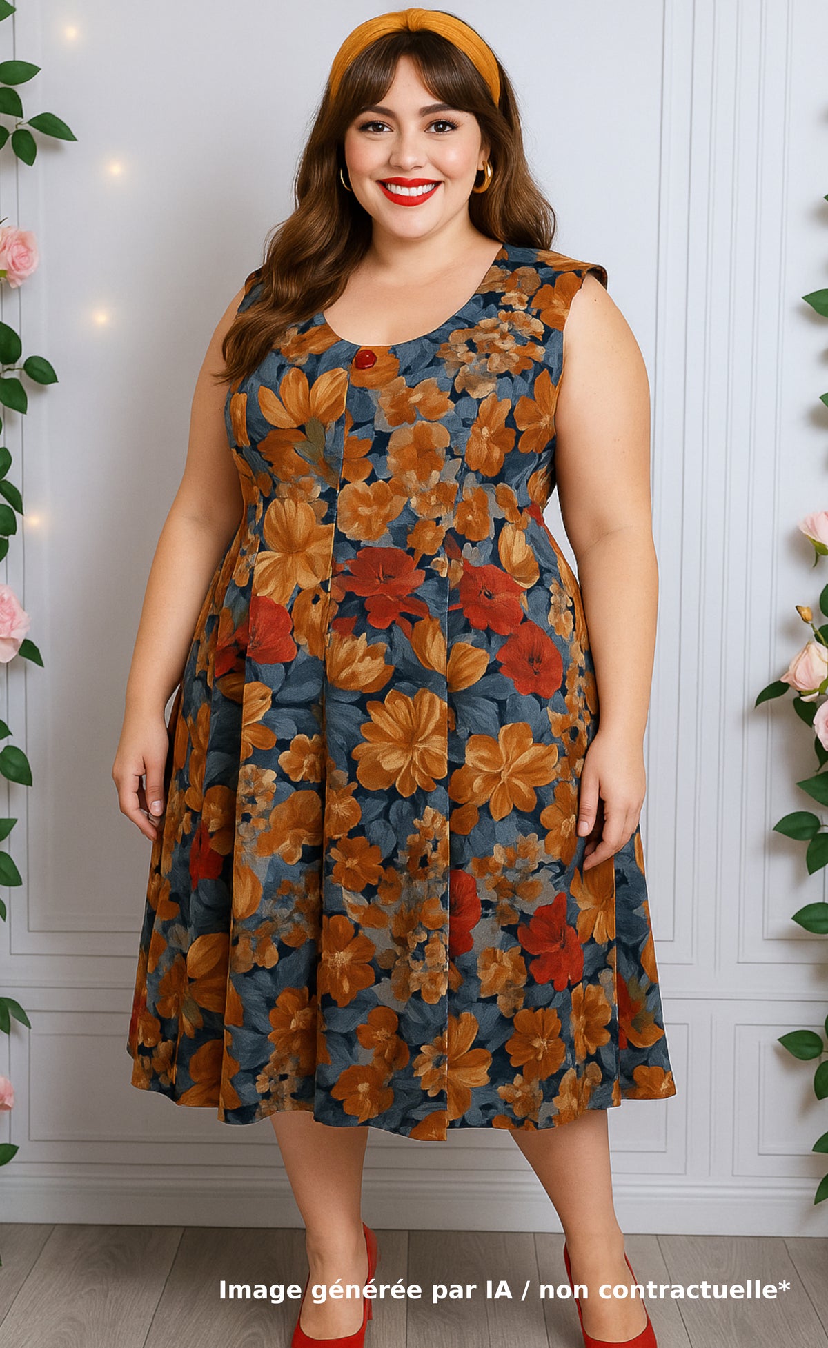Robe chasuble fleurie bleue, rouge & ocre