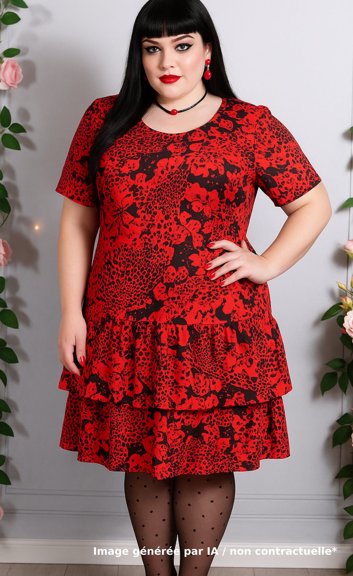 Robe rouge aux motifs floraux noirs