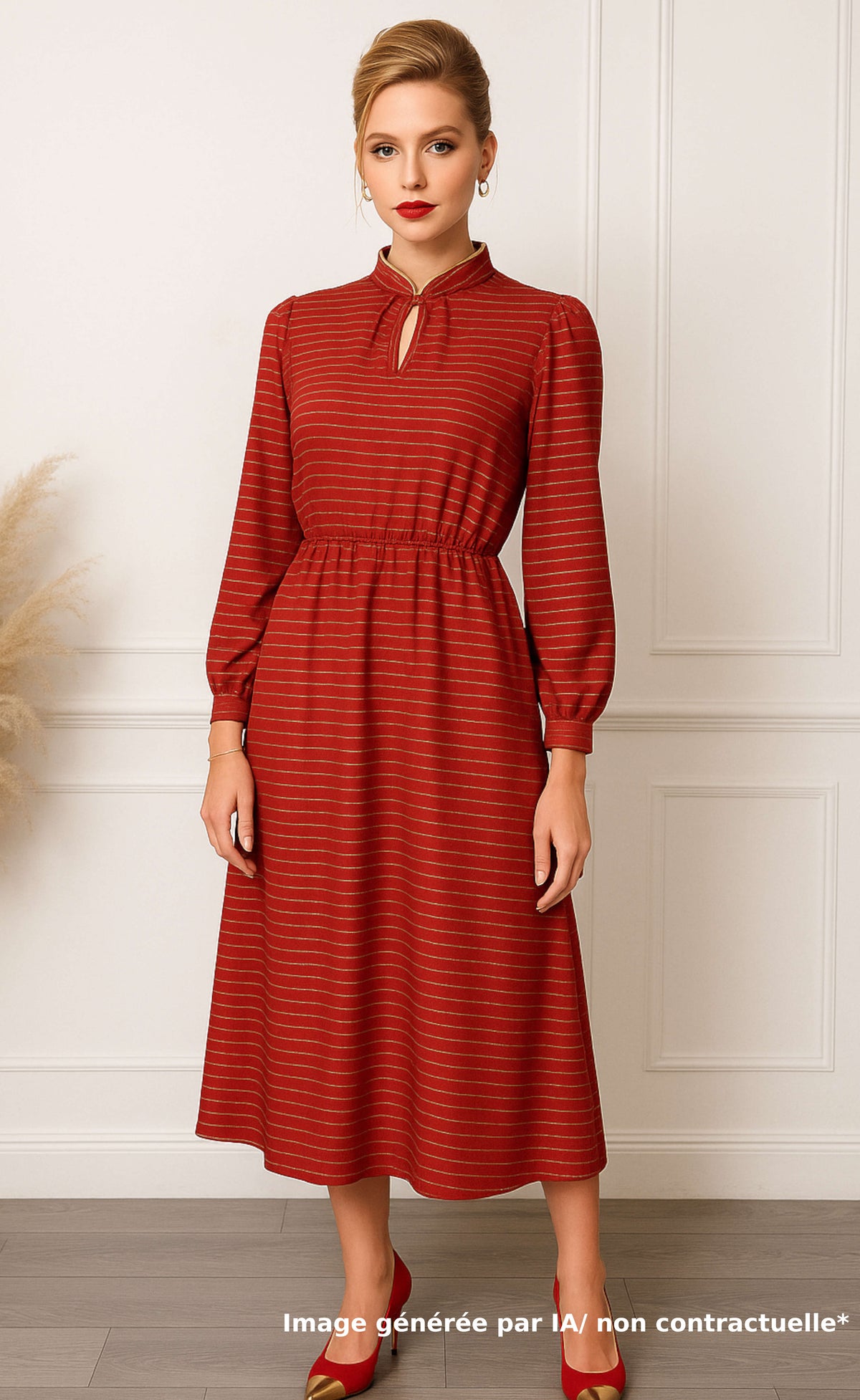 Robe vintage rouge rayée dorée col montant - Made in France
