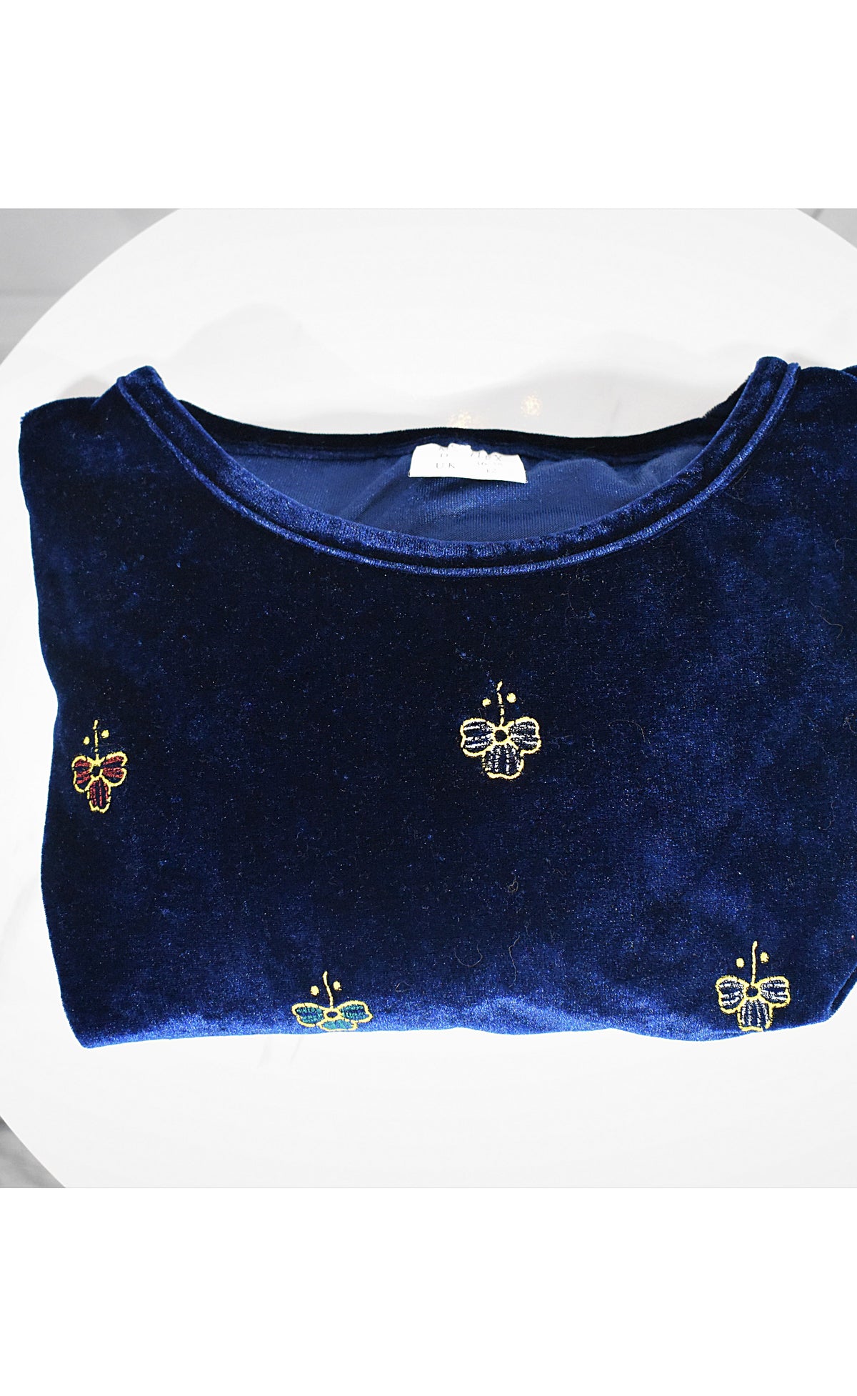 T-shirt panne de velours bleu & motifs dorés