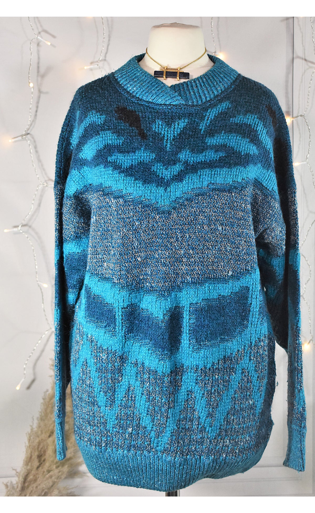 Pull-over en laine mélangée bleu à motifs